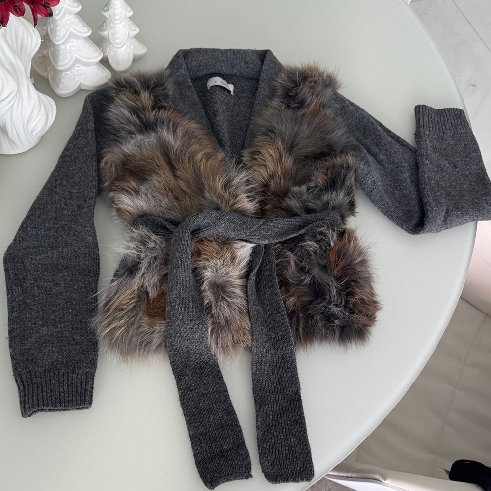 Gray and Brown Fur-Trimmed Women's Cardigan